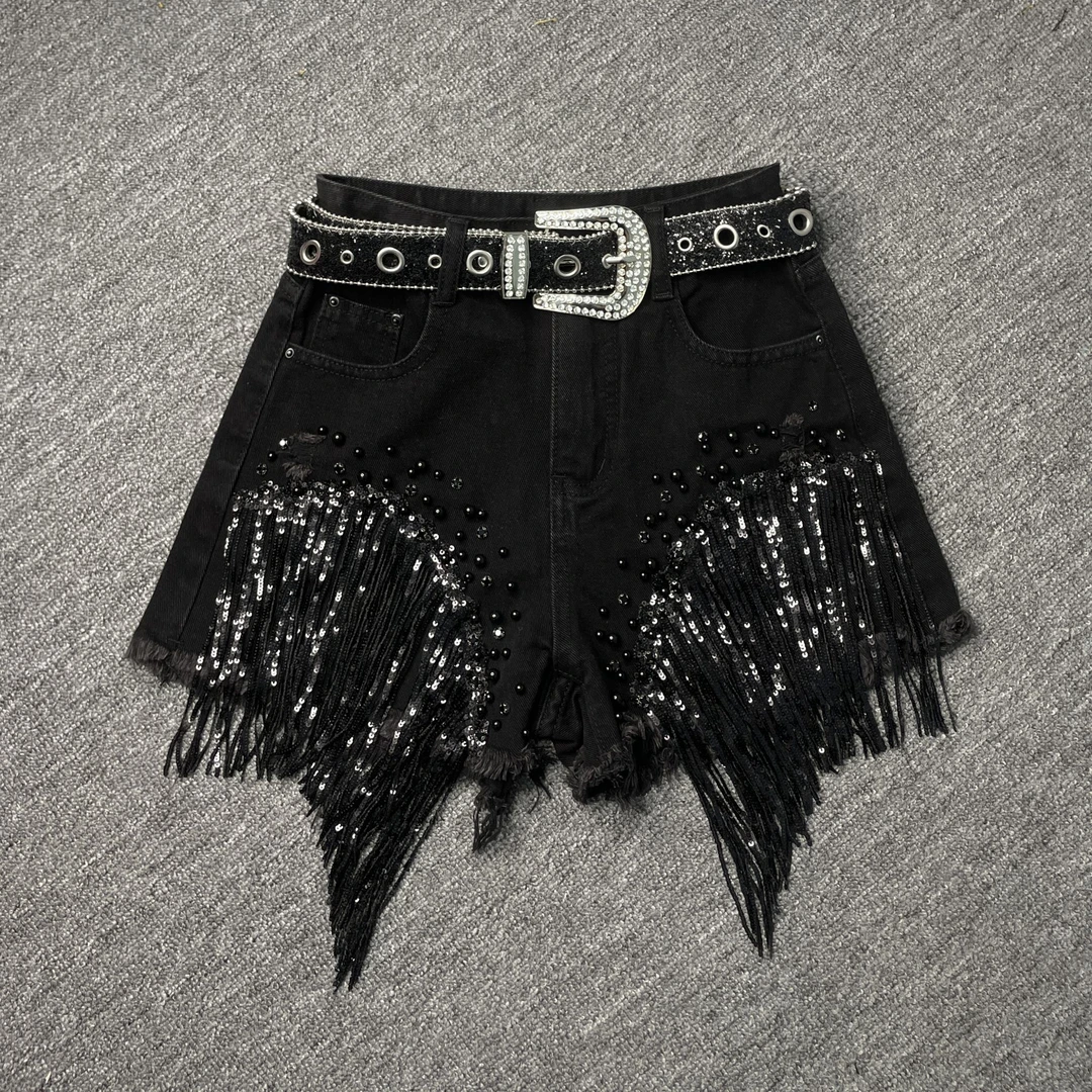 显瘦短裤女夏季新款欧货高腰重工钉珠亮片流苏牛仔破洞阔腿热裤潮