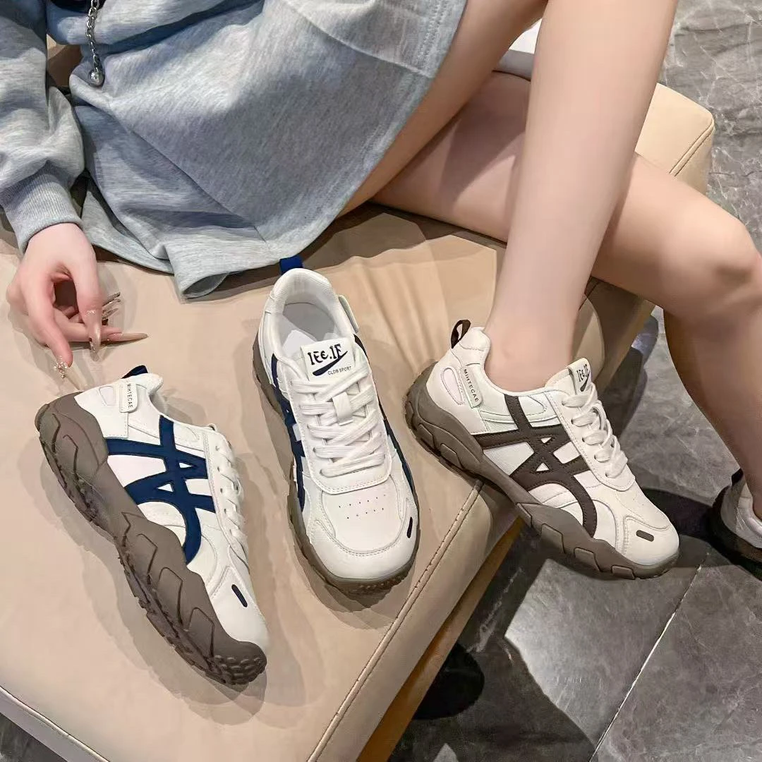 女鞋轻便时尚休闲鞋运动鞋百搭韩版修面皮系带秋季拼色软底登山鞋