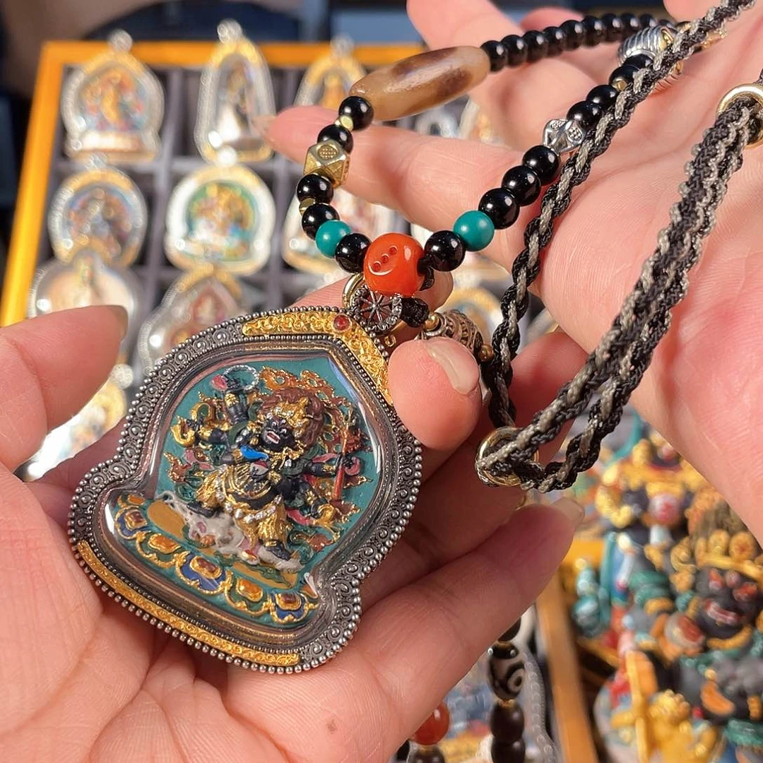 泥塑金***纯手绘大黑天擦擦吊坠925银壳子有绳有礼盒