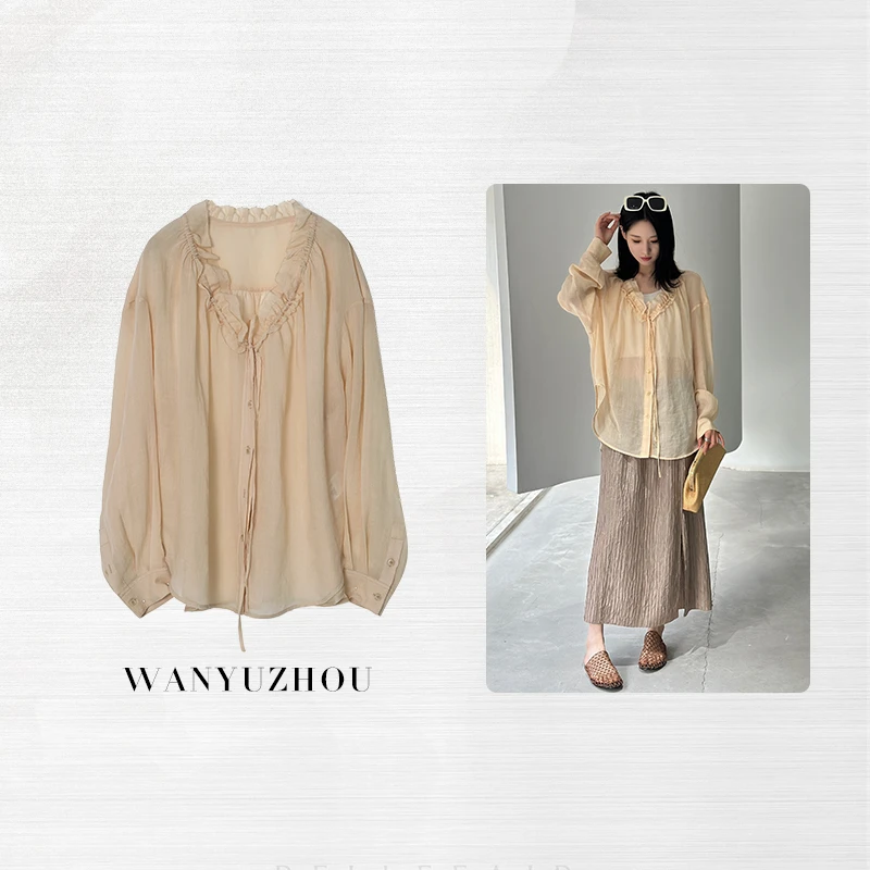【WANYUZHOU】春夏气质苎麻长袖衬衫时尚休闲百搭薄款衬衣