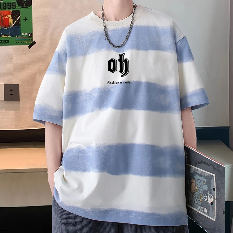 美式潮牌纯棉扎染条纹短袖t恤男生嘻哈痞帅休闲半袖宽松大码上衣