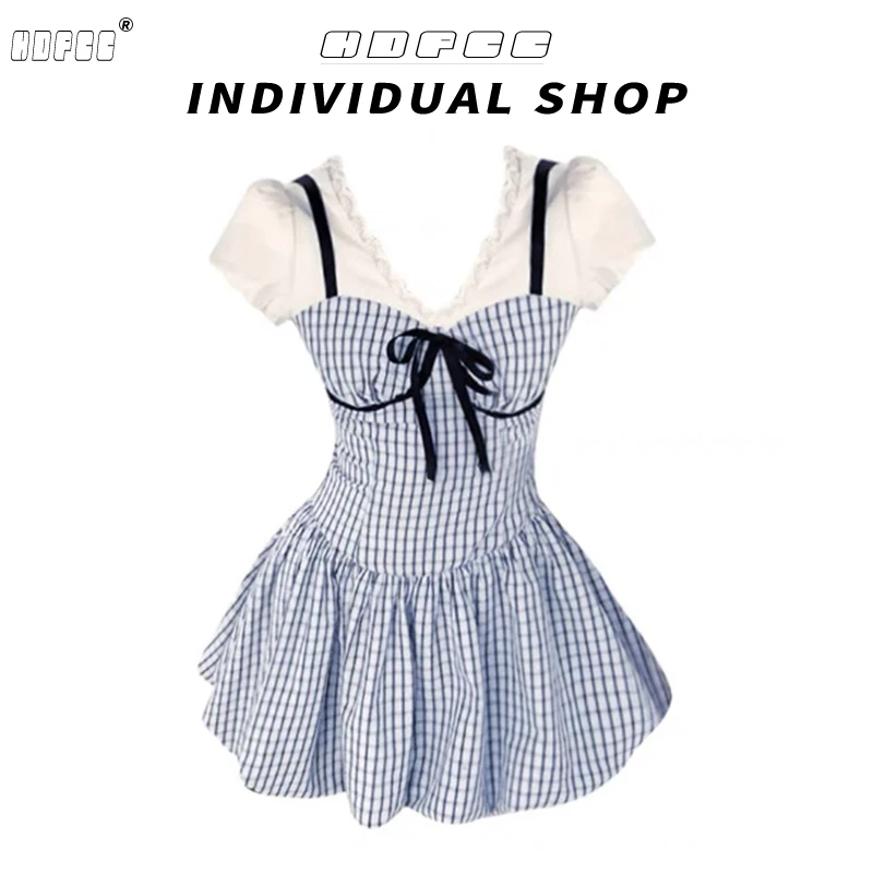 学院风韩系格子蝴蝶结假两件连衣裙女夏季新款设计感收腰修身短裙