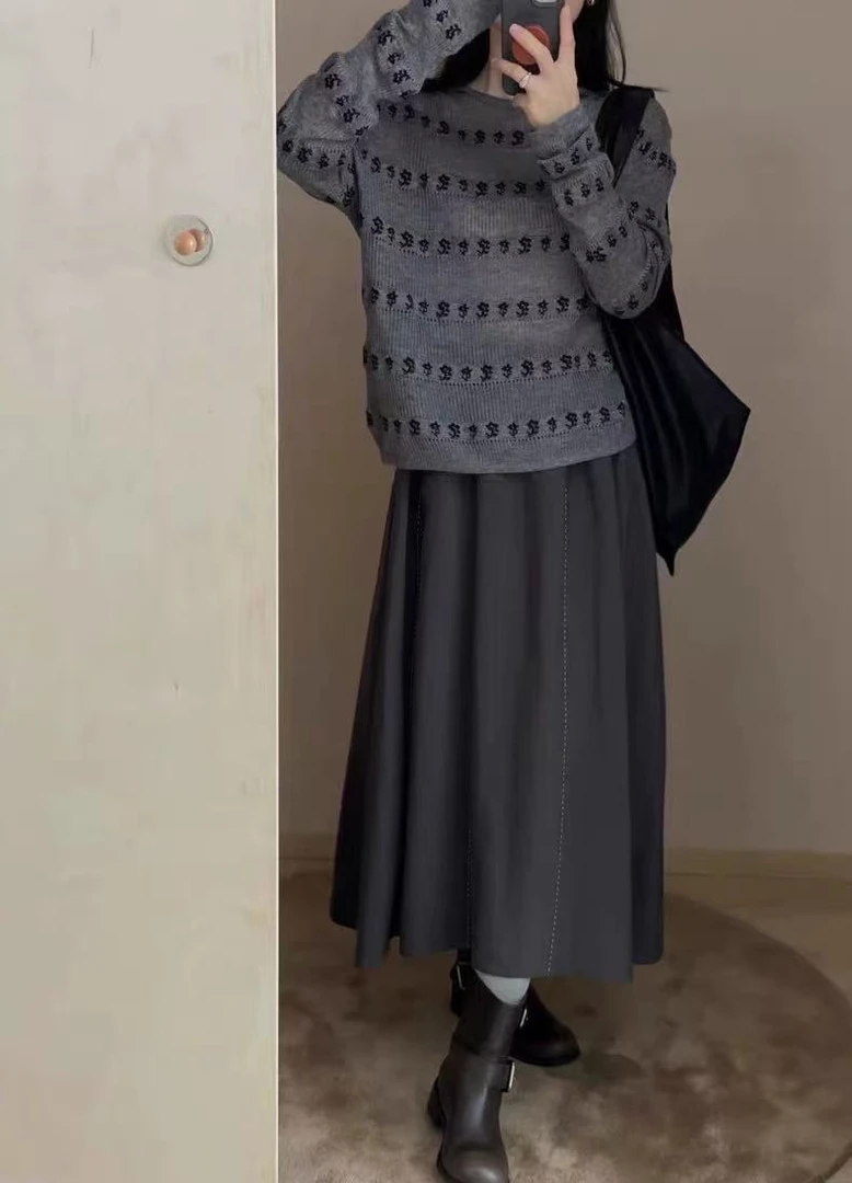 那简家【现货】秋季韩系小花针织套头圆领上衣女