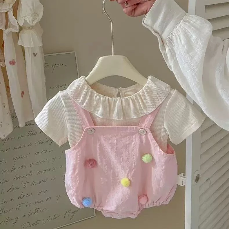 2025婴儿夏装薄款背带裤新生儿衣服女宝宝花边娃娃领上衣打底衫