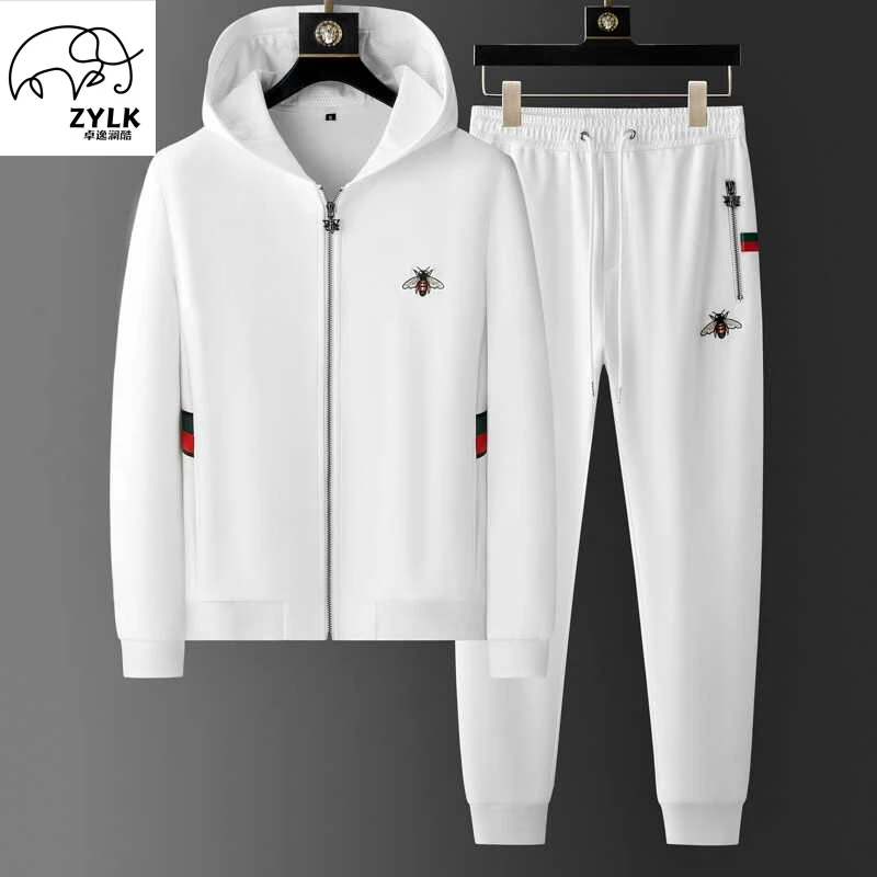 欧美青年休闲两件套男士拉链时尚潮流开衫卫衣套装修身白色运动服