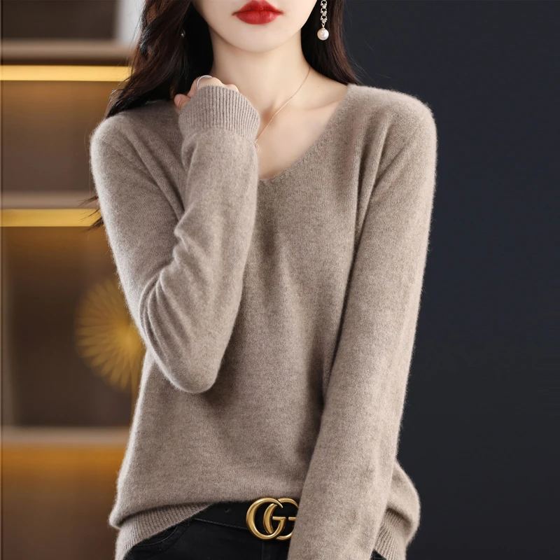 一线成型 针织V领常规圆领拉毛工艺衫女士时尚气质绒衫