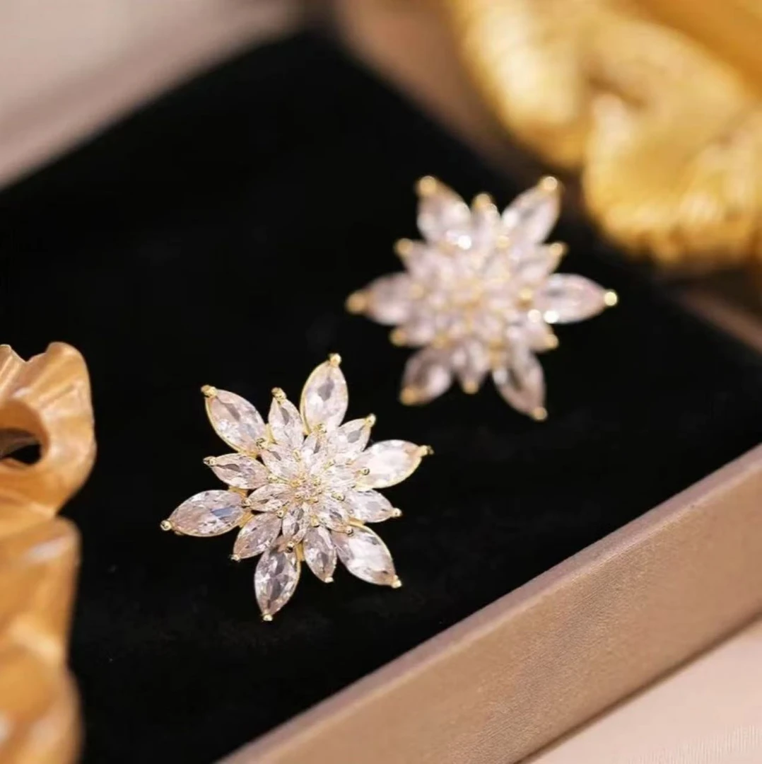 铜合金锆石耳饰 【冰花】气质精致轻奢满钻百搭时尚 奢华高级感个性