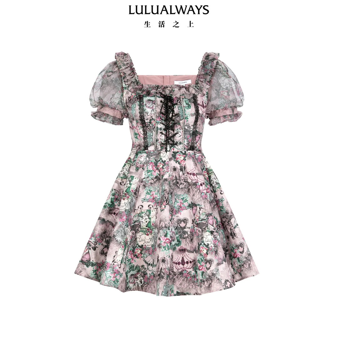 LULUALWAYS【商场同款】25夏季新款复古宫廷提花方领泡泡袖连衣裙