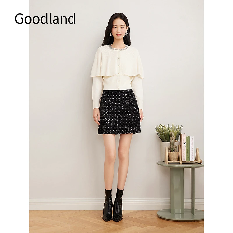 Goodland美地2025春季新款斗篷式设计感假两件羊毛针织开衫
