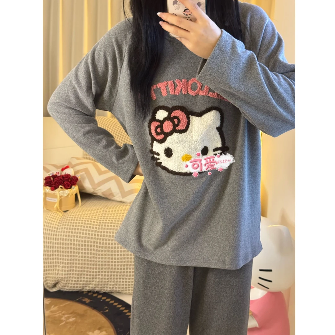 【高品质】日系卡通KT猫双面针织绒睡衣女款秋冬季长袖可外穿家居服