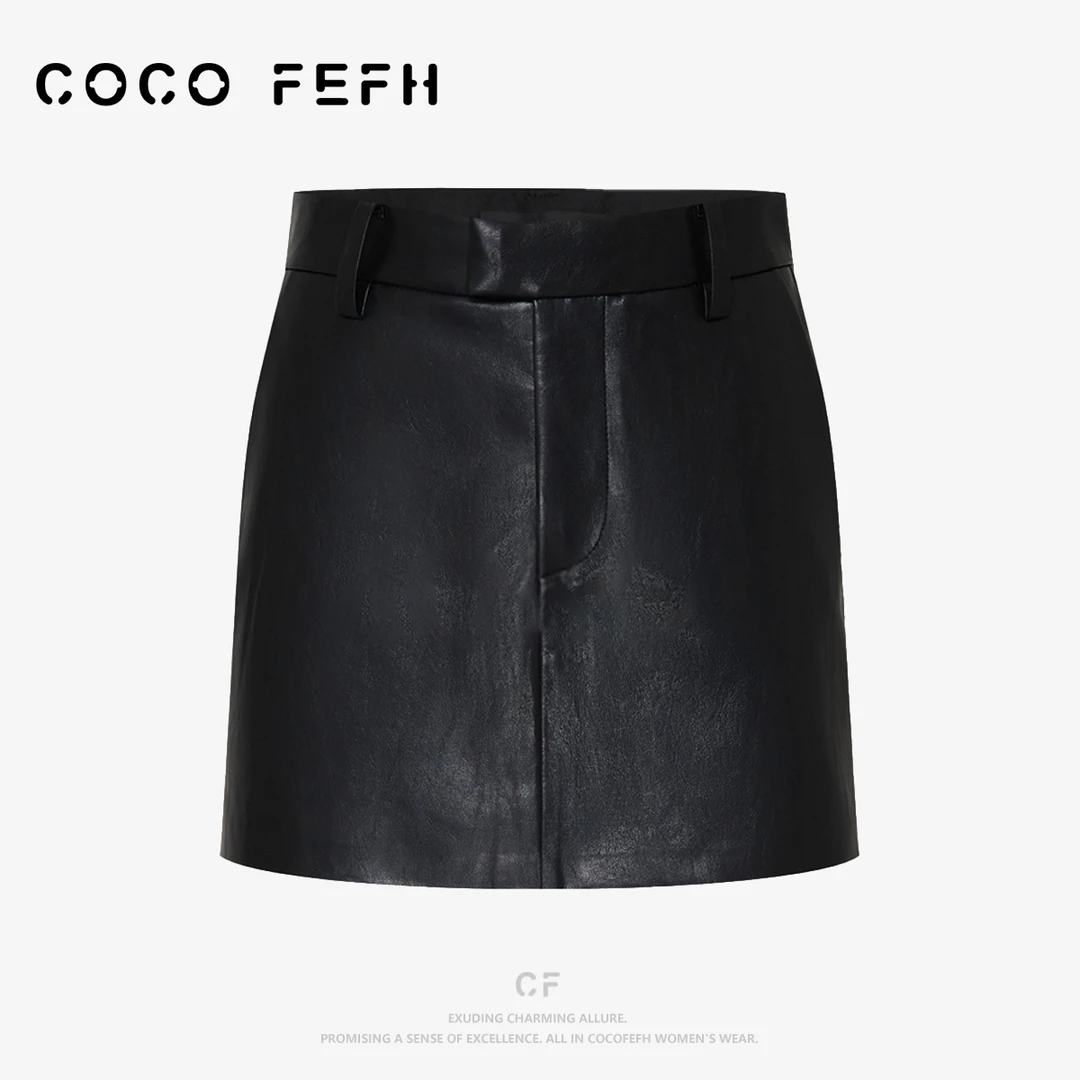 COCO FEFH【短裤】2025秋新品纯色染整素皮高腰A字短裤裙裤Z7596