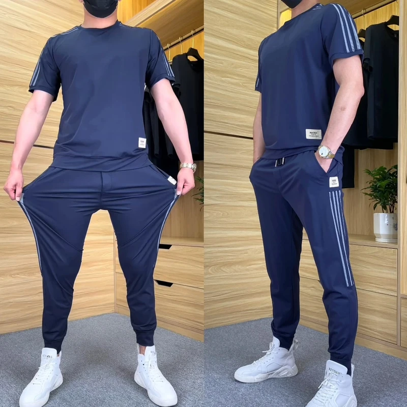 夏季爆款上班穿高弹冰丝休闲套装男士薄款速干短袖长裤运动两件套