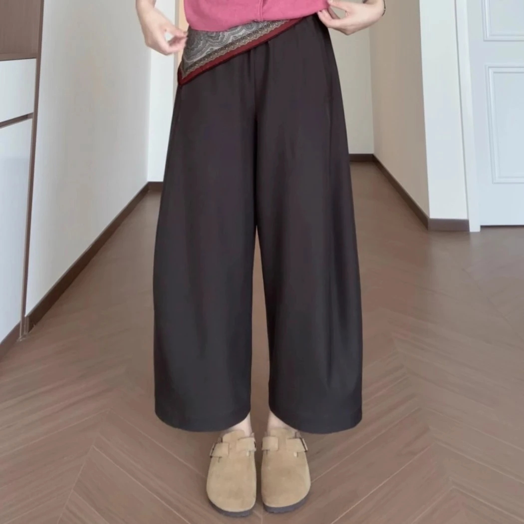 微胖MM慵懒咖色垂感松紧腰阔腿裤女秋咖色显瘦百搭直筒休闲九分裤