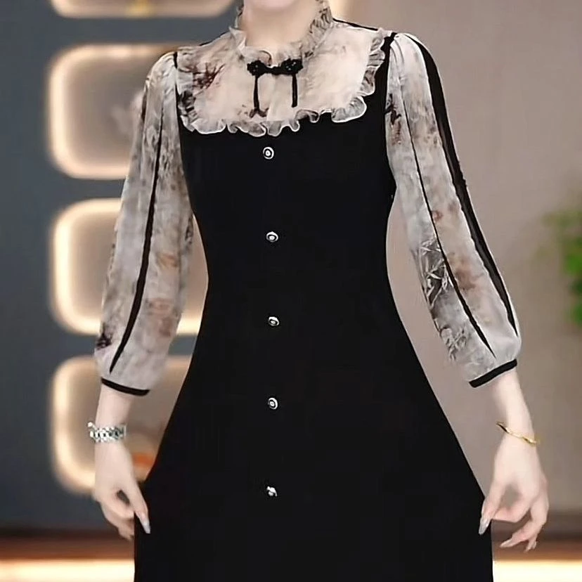 高档琉璃丝连衣裙2025春季新款女修身显瘦减龄气质中长款礼服裙子