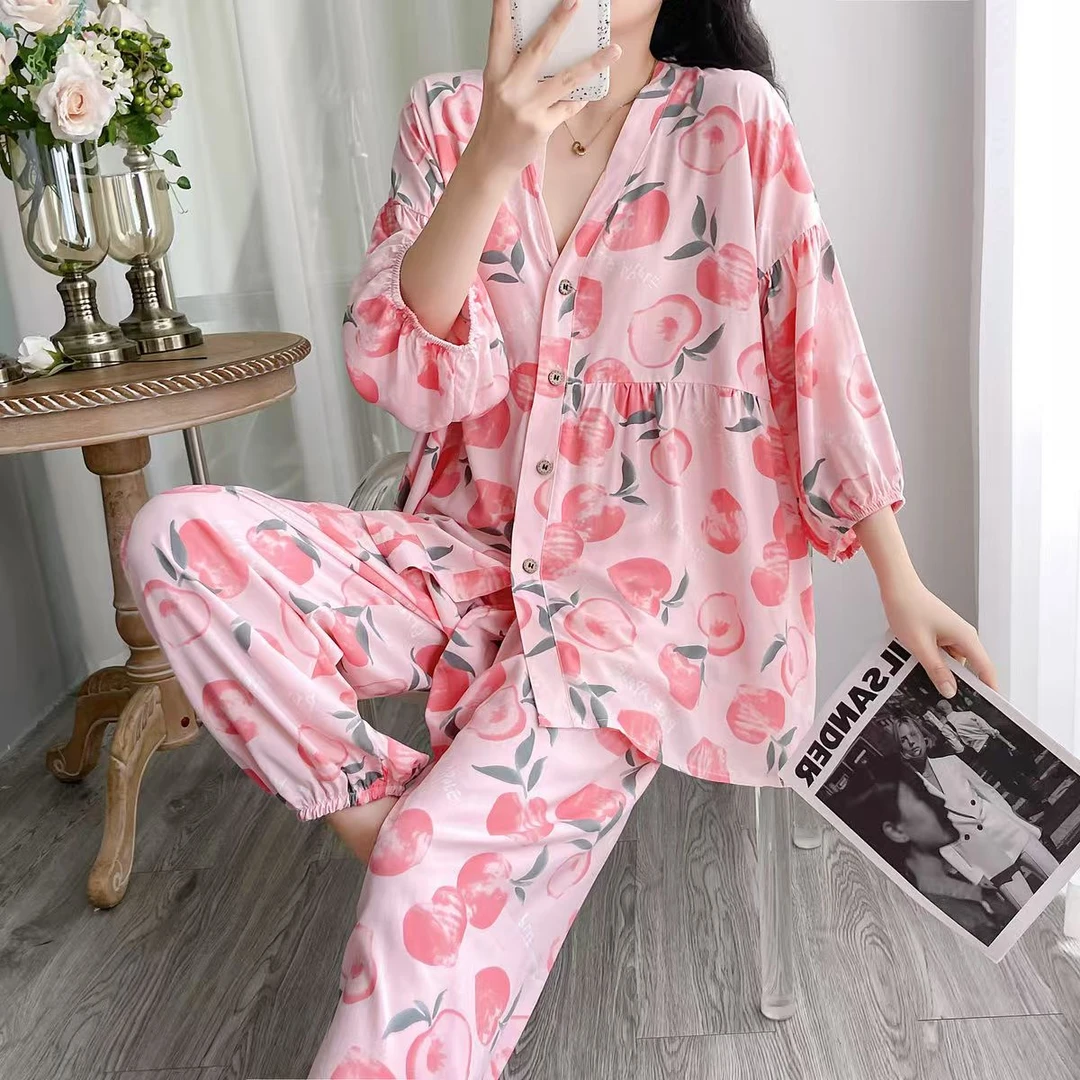 【棉绸舒服!】女士家居服套装女宽松舒适时尚印花睡衣休闲两件套