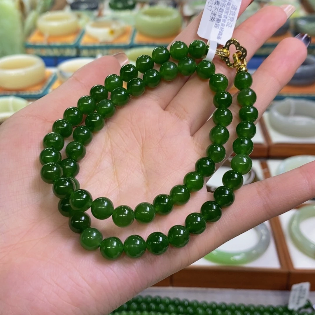 和田玉未镶嵌手镯俄料辣阳绿锁骨链卡8