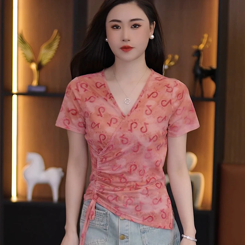 交叉V领网纱T恤女短袖夏季新款收腰气质打底衫洋气内搭小衫上衣潮