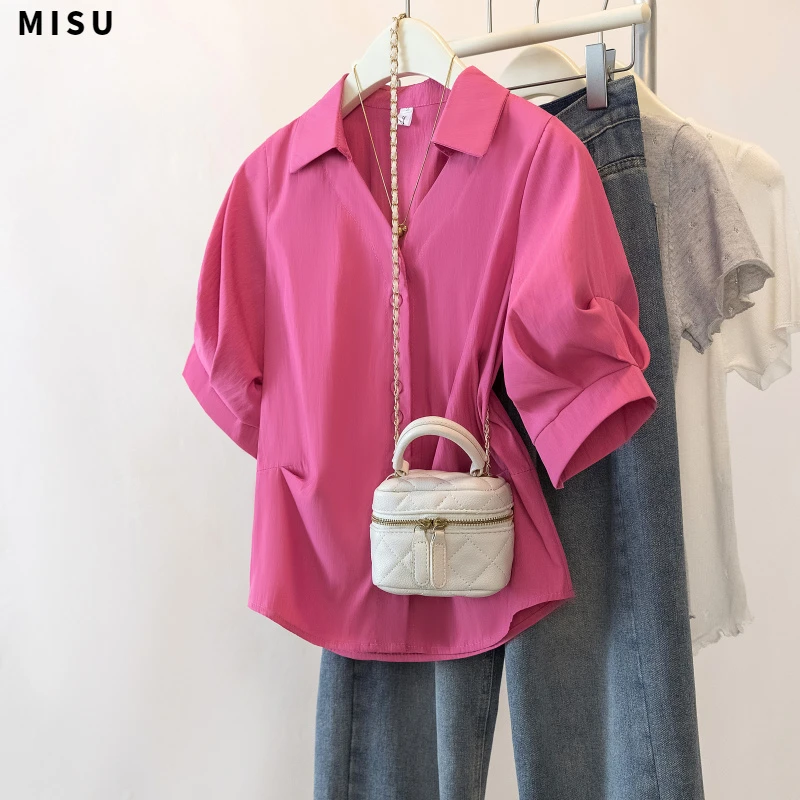 大码法式减龄洋气短袖衬衫胖mm宽松显瘦休闲Polo领上衣女2024夏季