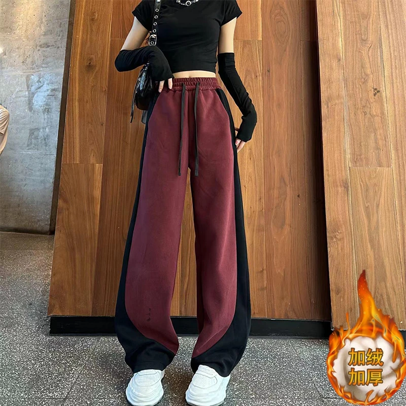 裤子秋冬加绒加厚2024酒红色拼色香蕉镰刀裤阔腿长裤设计感百搭裤