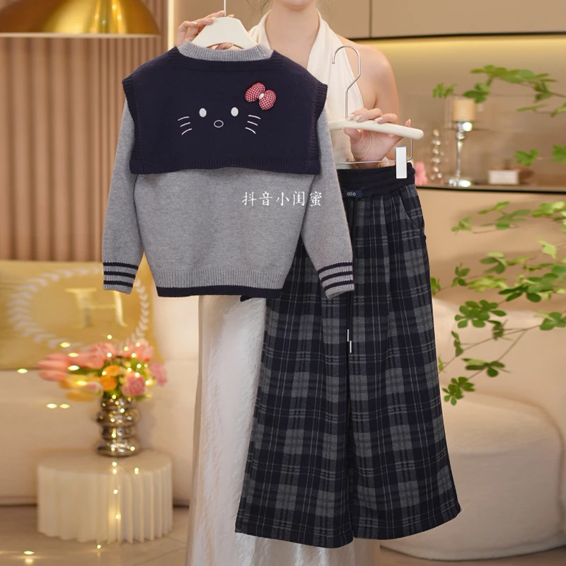 【闺蜜家】女童秋季2025新款时尚韩系针织毛衣+格子阔腿裤套装-8891