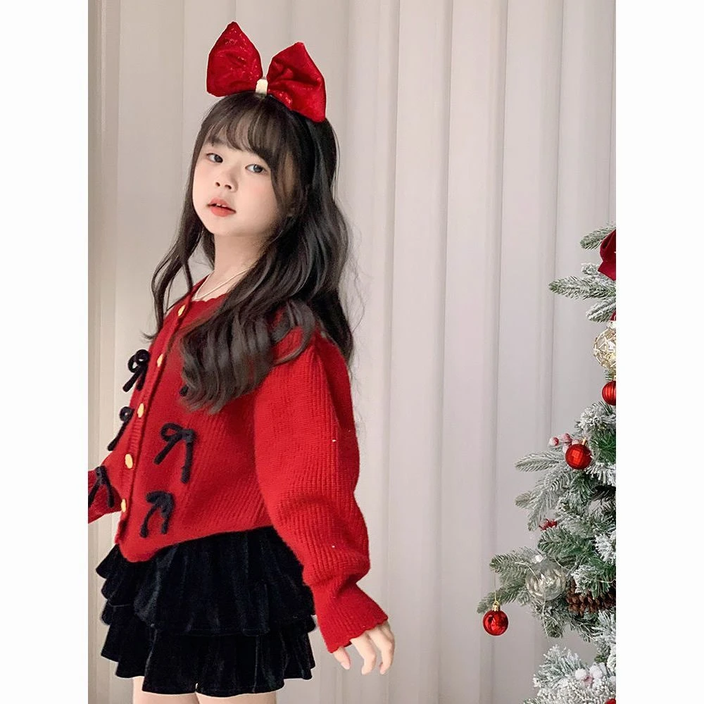 YeeHoO英氏【断码】韩版女童毛衣2025秋冬季新款宝宝红色蝴蝶结针织