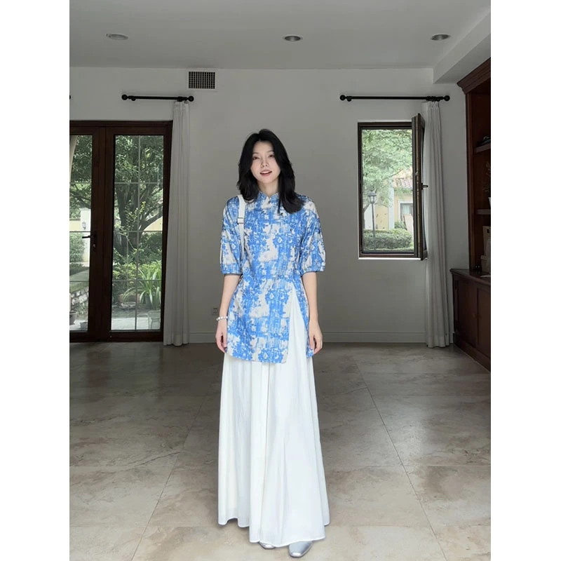 郭九九呢 国风立领收腰显瘦撞色旗袍上衣禅意风阔腿裤 G925C10139