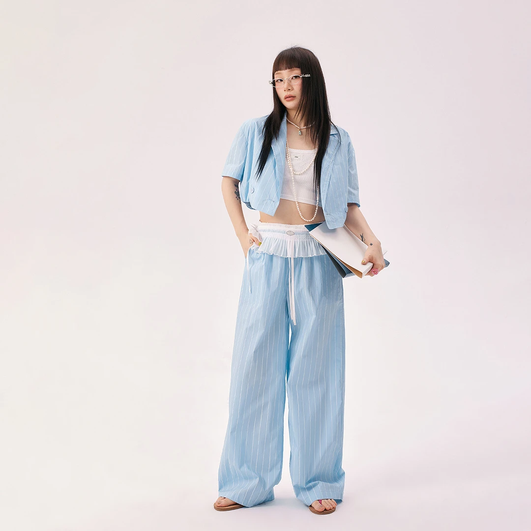 CHUU夏季女装条纹阔腿设计字母刺绣设计松紧抽绳宽松百搭休闲裤