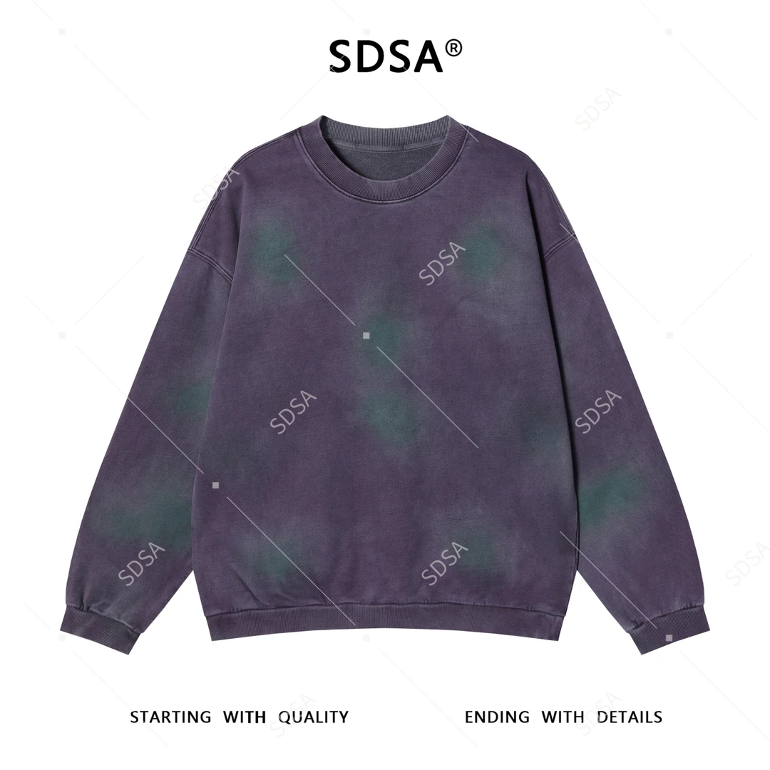 SDSA男士秋冬新款痞帅男装简约扎染做旧圆领卫衣百搭时尚重磅上衣
