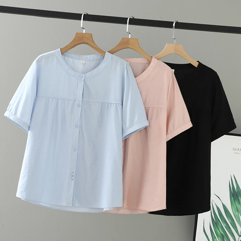 加肥加大码女装胖mm夏装洋气上衣遮肉显瘦圆领简约短袖衬衣女