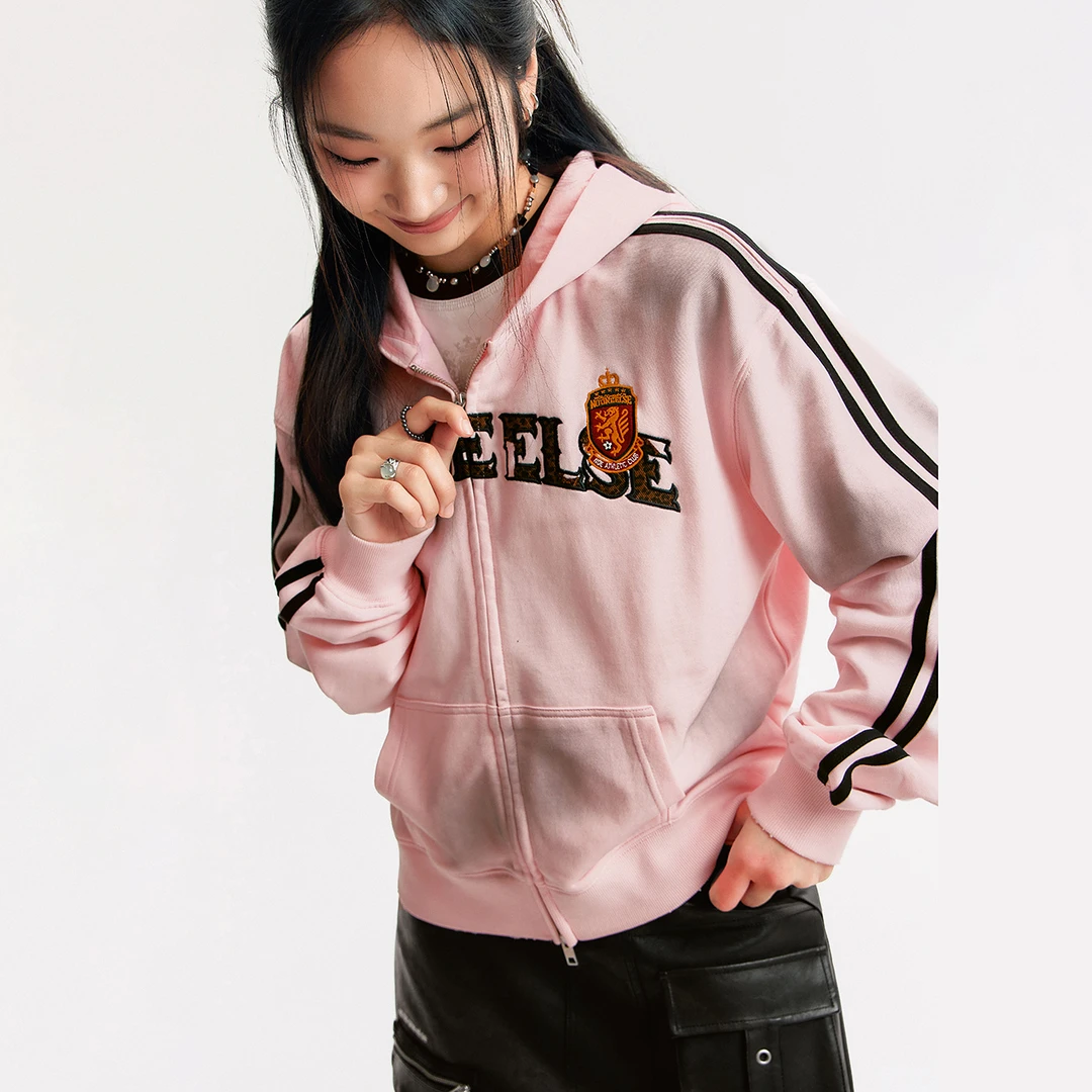 NO ONE ELSE美式复古女装运动女装秋季做旧运动宽松连帽开衫豹纹