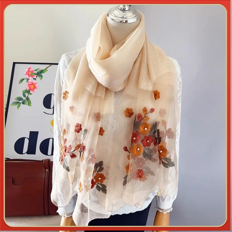 新款刺绣围巾时尚海棠花丝巾女百搭透气春秋民族披肩丝巾时尚韩版