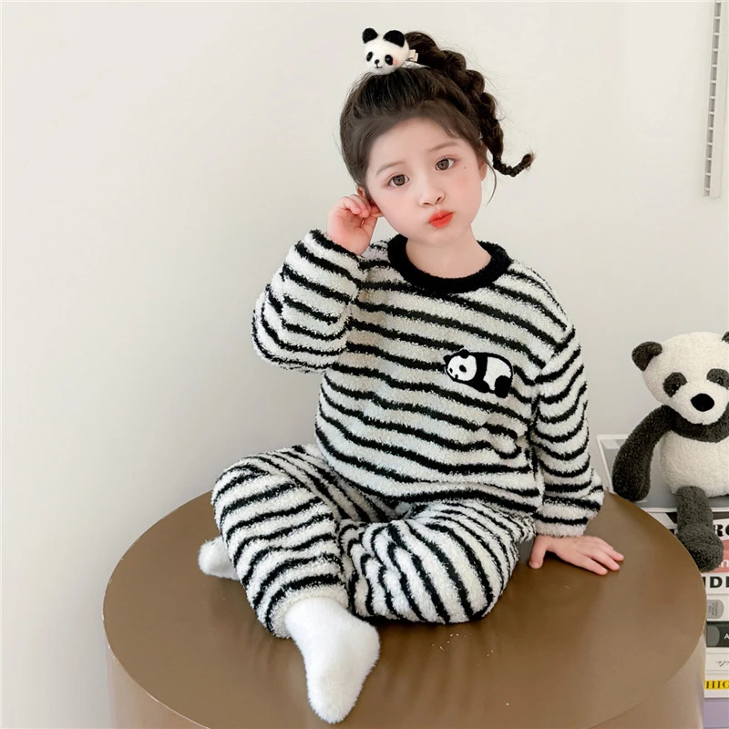女童睡衣套装2025新款秋冬女宝宝休闲条纹卡通珊瑚绒保暖法兰绒款