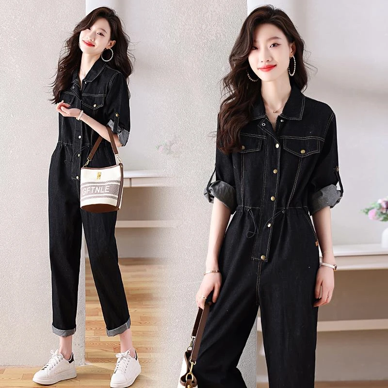 黑色牛仔连体裤女春秋长袖2025新款时尚高级感工装收腰连体衣套装