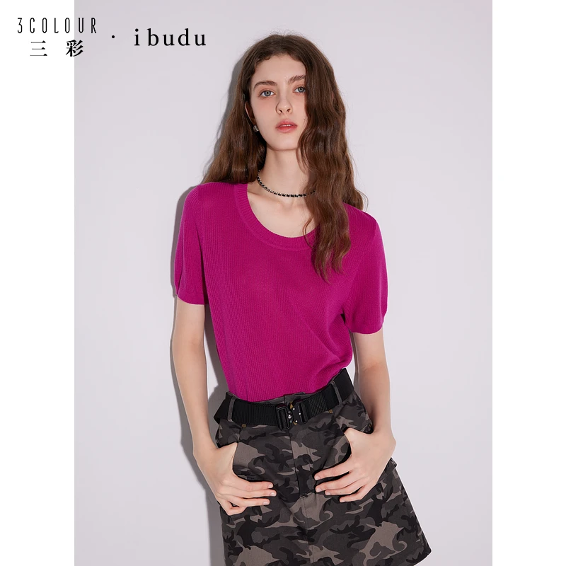三彩ibudu2025春季新款针织衫圆领正肩短袖上衣短款毛衫简约女