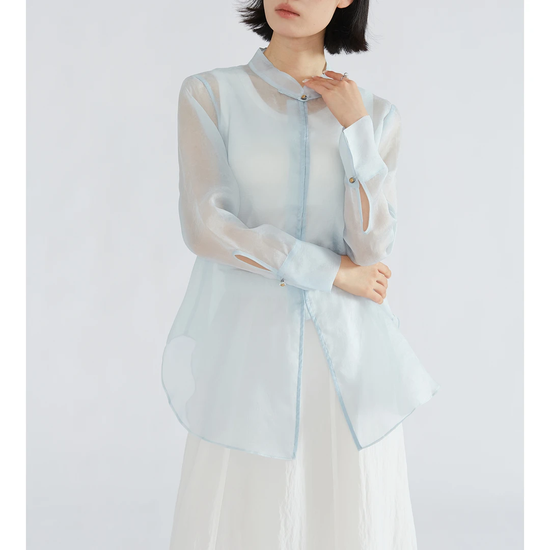 国风真丝绡外套立领开衫100桑蚕丝欧根纱提花防晒上衣开衫WTE044