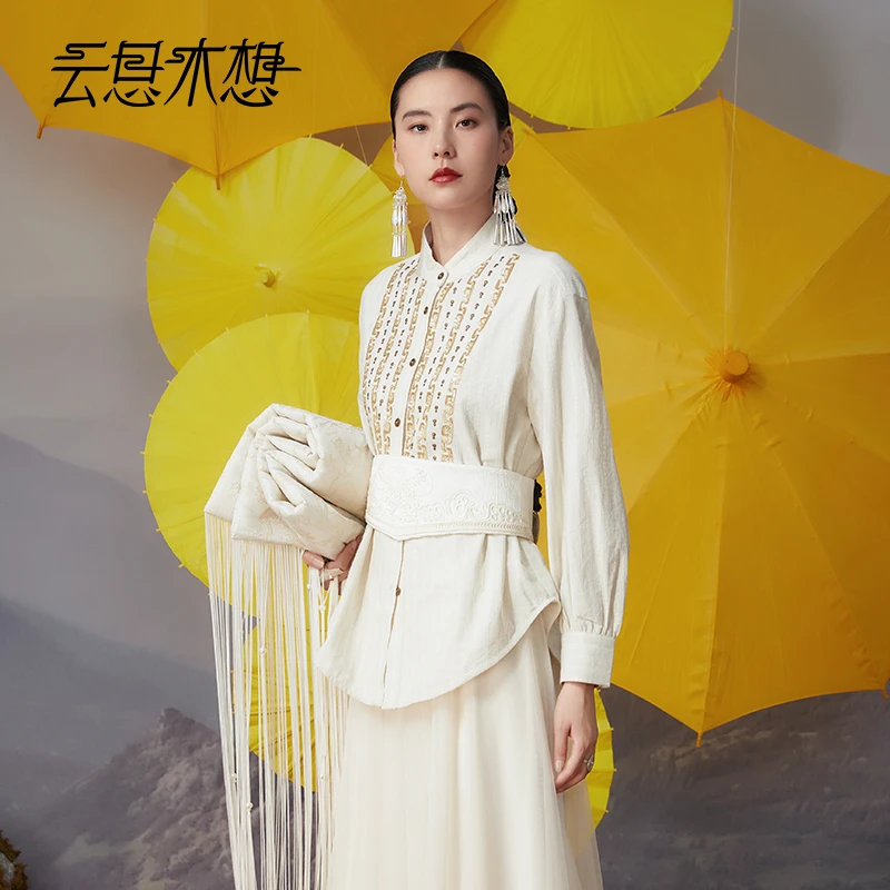 Ysimo-X云思木想 吉庆绵绵衬衫 珠片绣花条纹衬衣女摩登上衣12399