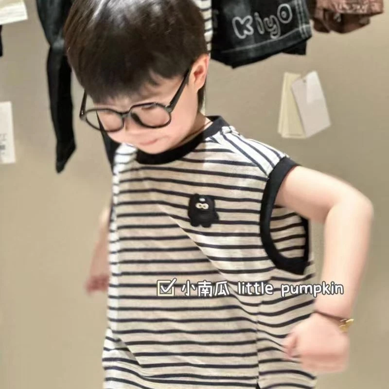夏款新品男童条纹T恤小怪兽背心2025帅气时尚上衣儿童夏季短袖