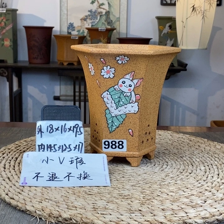 紫砂花盆 微微瑕柴烧彩绘飘口六方988
