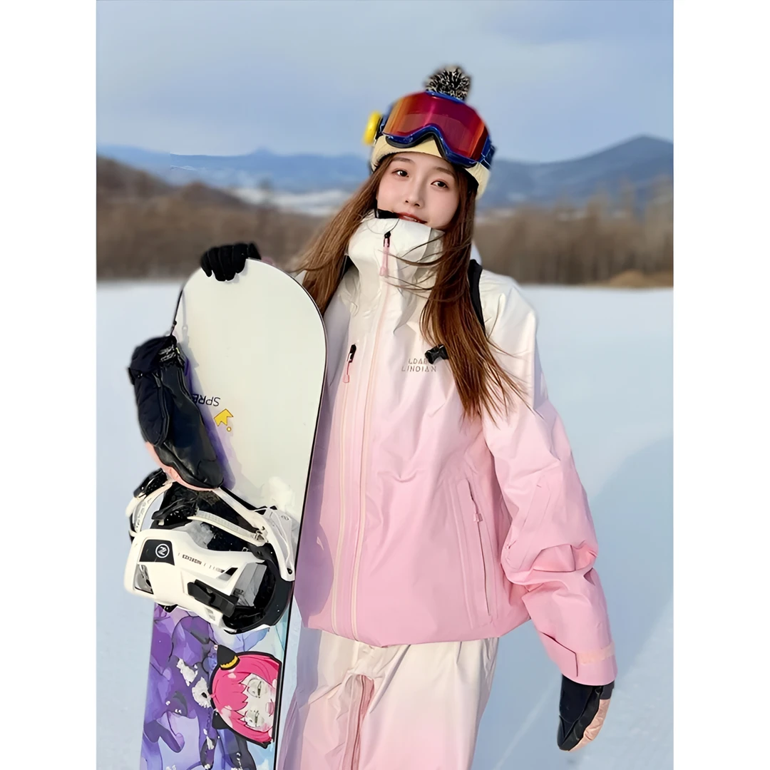 芙沿渐变粉滑雪服套装女2025冬季新款设计感户外防风防水单板雪服