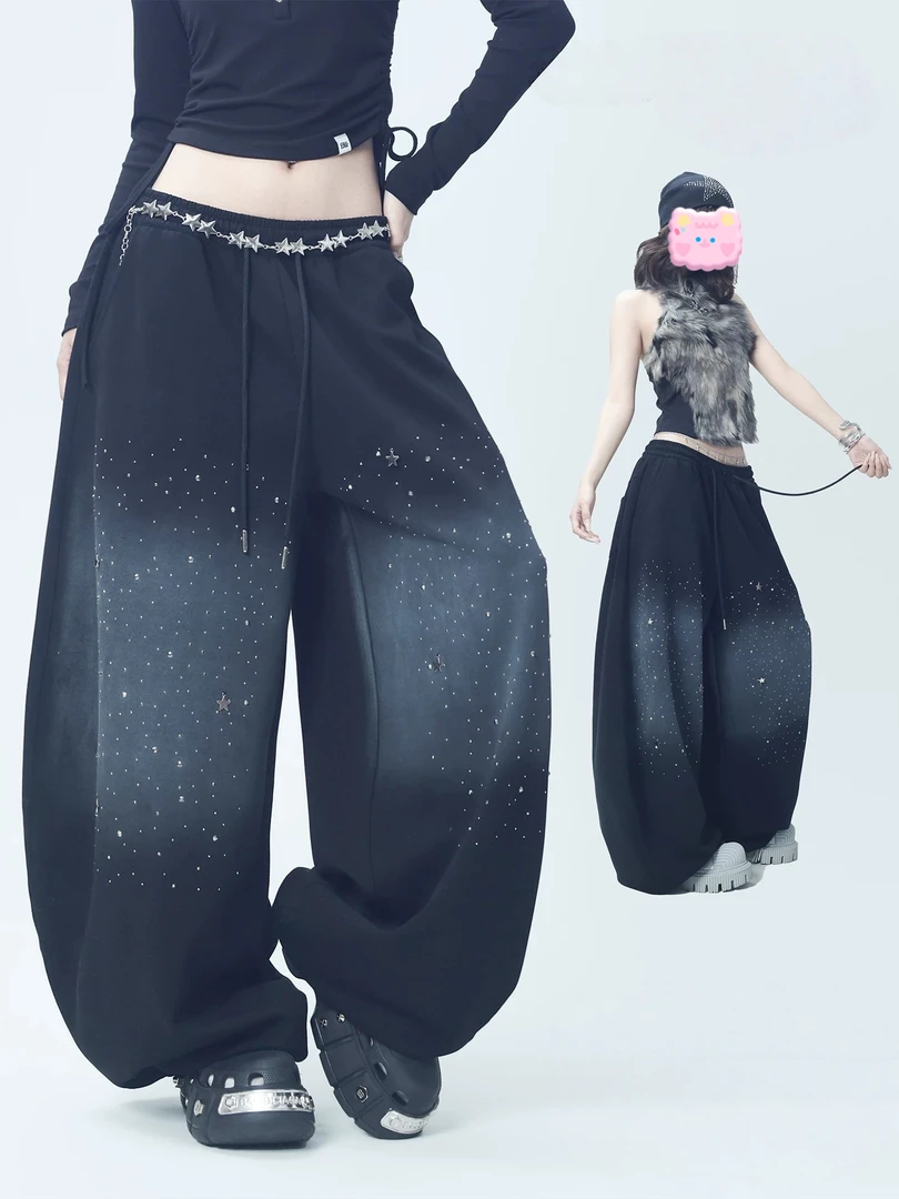 美式烫钻星空渐变黑色弯刀卫裤女复古辣妹街舞潮牌水洗运动阔腿裤