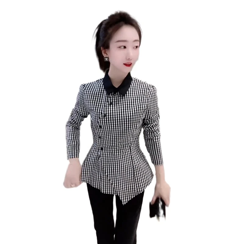 纯欲慵懒风女装款设计气质减龄斜襟收腰显瘦翻领不规则格子上衣