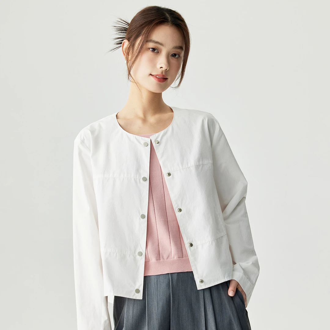 茵曼2024春秋新款女短外套休闲上衣冬季短款气质长袖圆领时尚衬衫