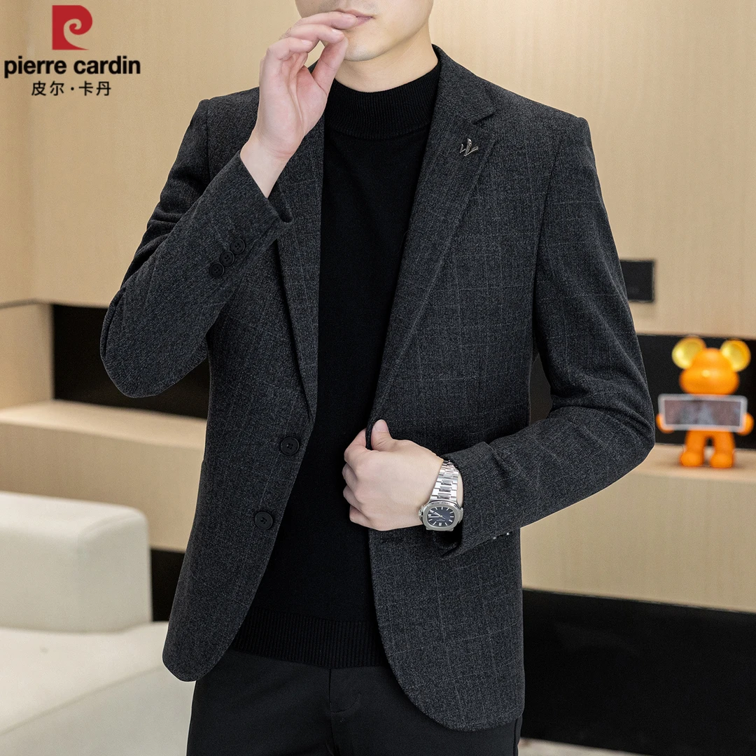 皮尔卡丹男士秋冬上衣小西装单男装修身外套男士休闲西装外套中年