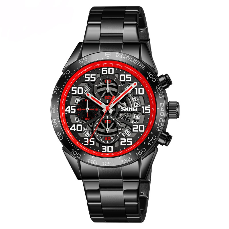 三眼六针钢带手表男表镂空防水日历计时秒表石英表商务时尚潮腕表