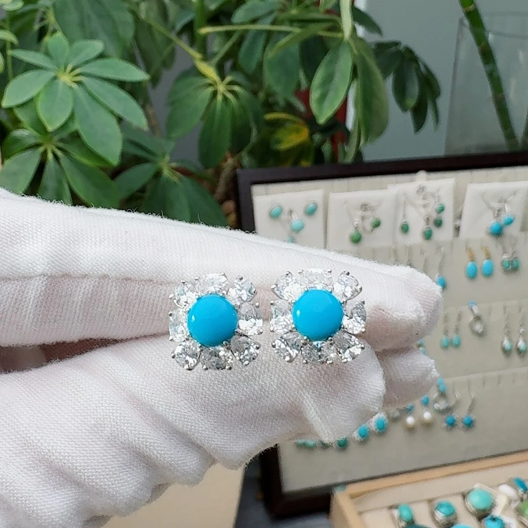 绿松石银S925镶嵌耳饰耳钉