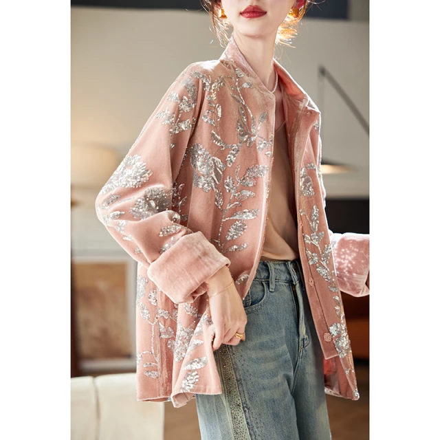 宝诗搭圆领2025丝绒黎亮片春季百设计外套小众气质感休闲长袖女装