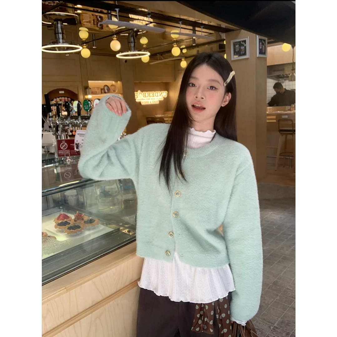 浅绿色仿水貂毛针织外套女冬季韩系慵懒毛衣开衫上衣23001#