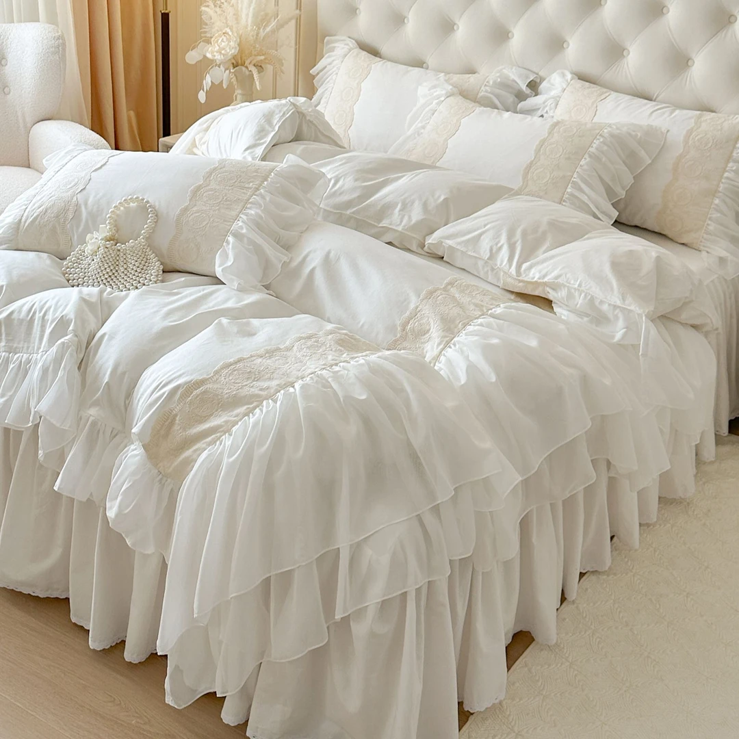 少女公主风白色全棉纯棉四件套法式高级感浪漫蕾丝边被套仙气床裙