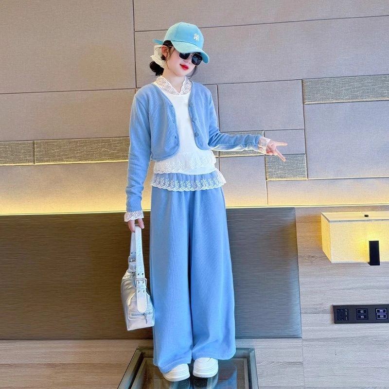 女童甜美蕾丝花边三件套2025年新款打底外套阔腿裤洋气韩版春秋装