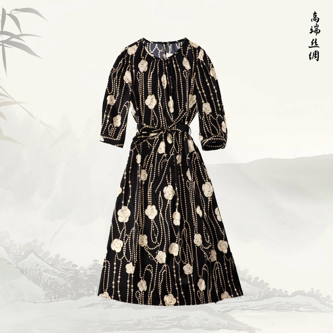 【珍珠山茶花】品牌新款桑蚕丝简约气质圆领系腰带中袖连衣裙516145